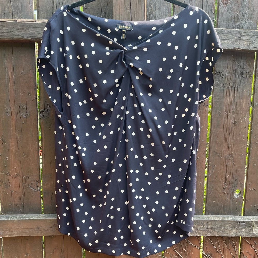 ESCADA - Navy Silk Twist Front Dotted Blouse - XL